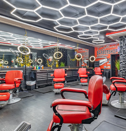 Barber stations and mirrors at The Official Barbershop, Clearwater