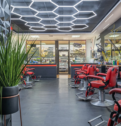 Entrance and waiting area at The Official Barbershop, Clearwater